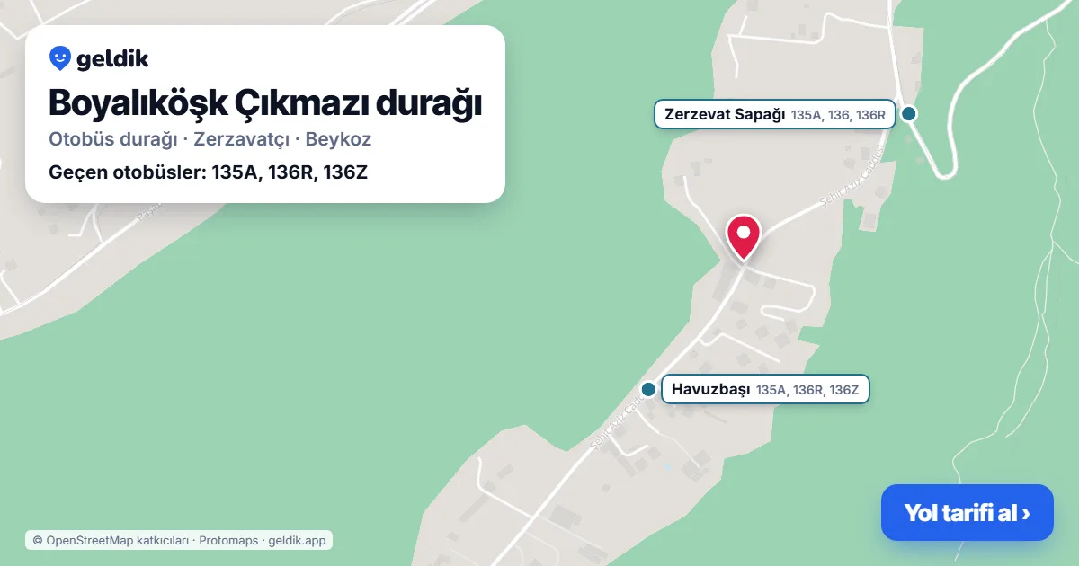 Boyalıköşk Çıkmazı otobüs durağı haritada: konumu ve yakındaki duraklar