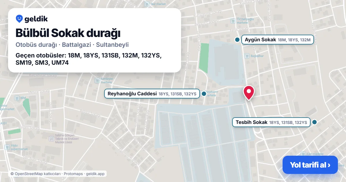 Bülbül Sokak otobüs durağı haritada: konumu ve yakındaki duraklar