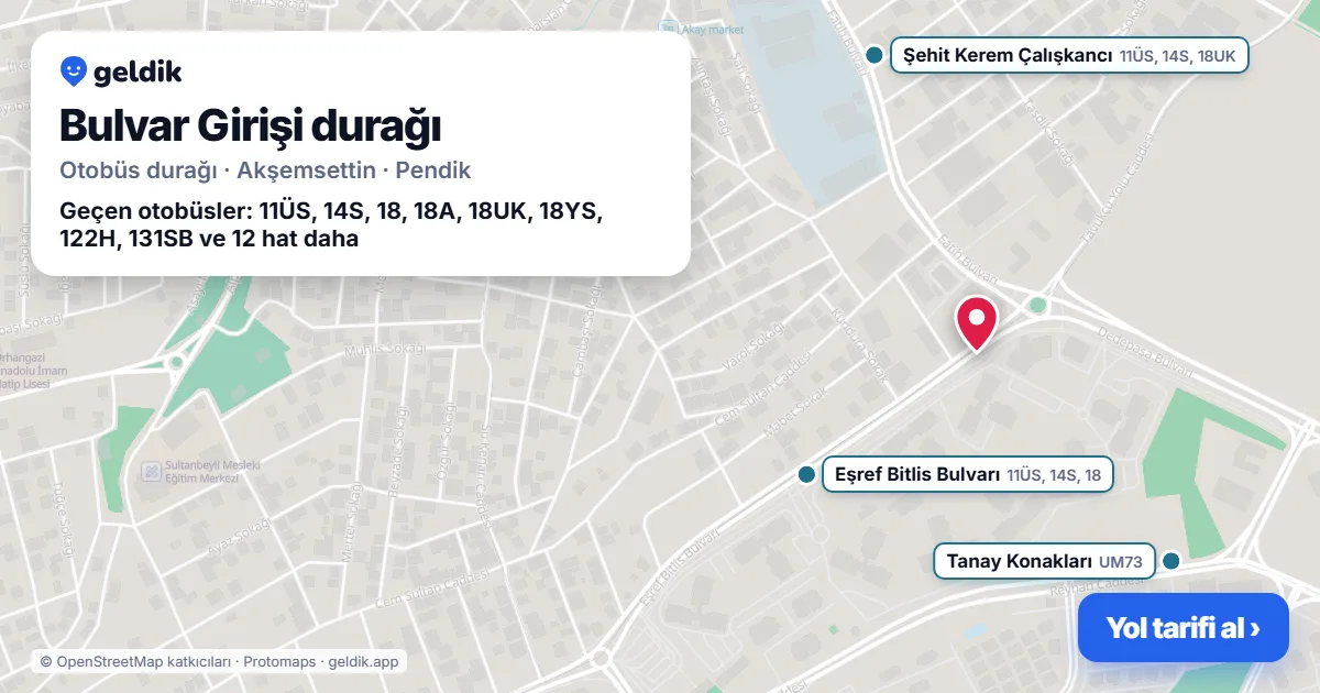 Bulvar Girişi otobüs durağı haritada: konumu ve yakındaki duraklar