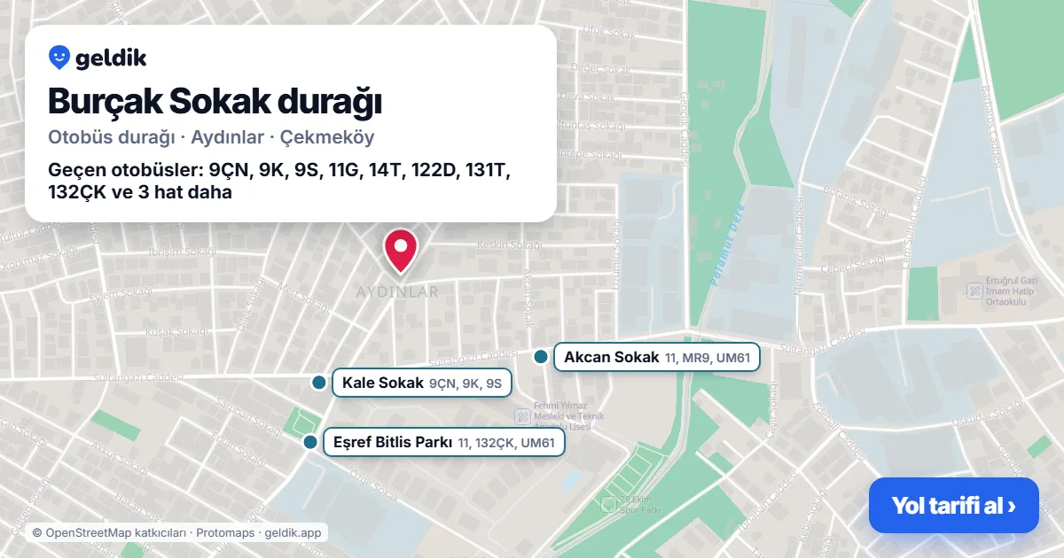 Burçak Sokak otobüs durağı haritada: konumu ve yakındaki duraklar