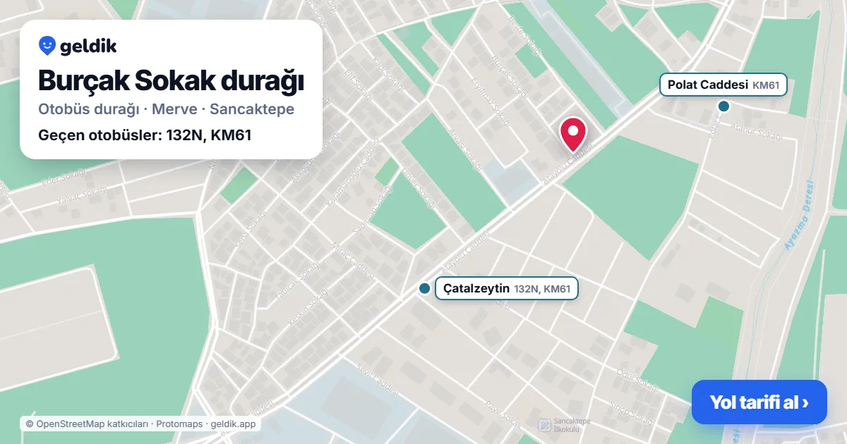 Burçak Sokak otobüs durağı haritada: konumu ve yakındaki duraklar