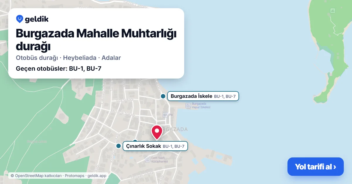 Burgazada Mahalle Muhtarlığı otobüs durağı haritada: konumu ve yakındaki duraklar