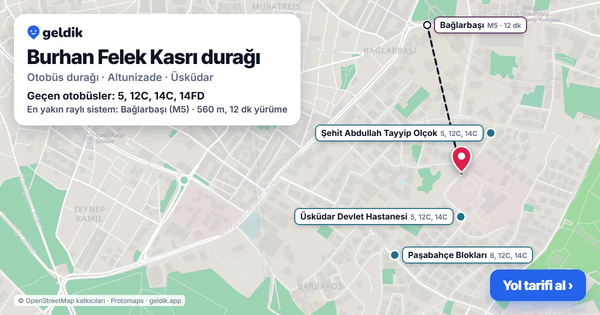 Burhan Felek Kasrı otobüs durağı haritada: konumu ve yakındaki duraklar