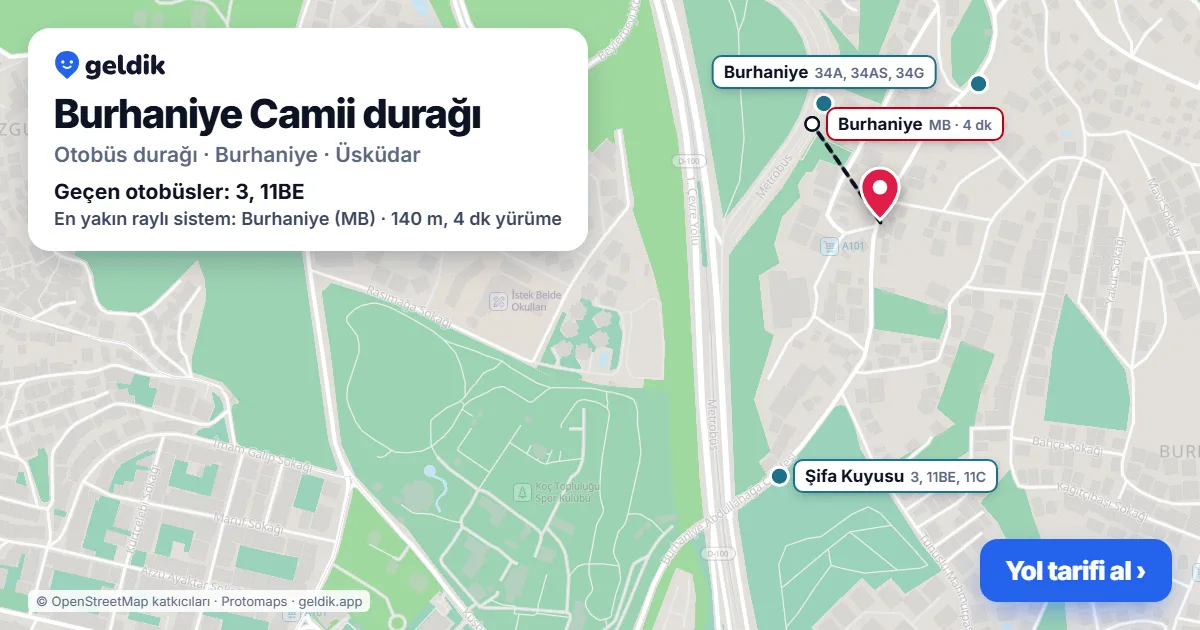 Burhaniye Camii otobüs durağı haritada: konumu ve yakındaki duraklar