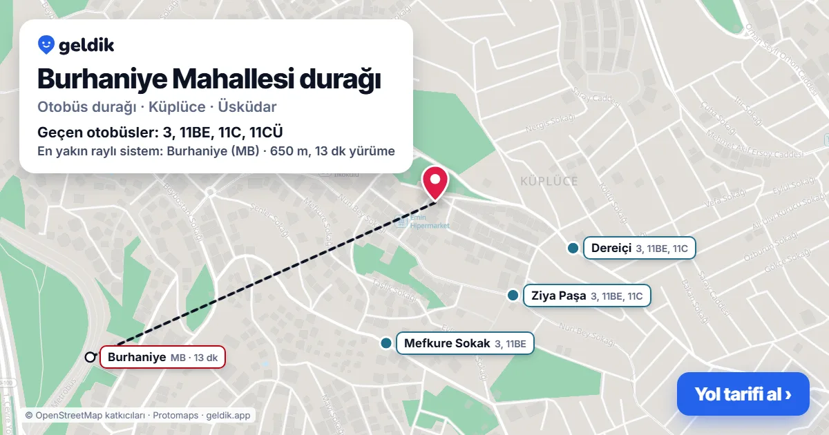 Burhaniye Mahallesi otobüs durağı haritada: konumu ve yakındaki duraklar