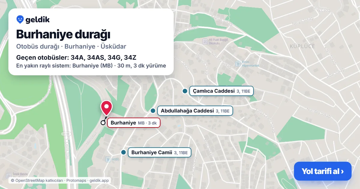 Burhaniye otobüs durağı haritada: konumu ve yakındaki duraklar