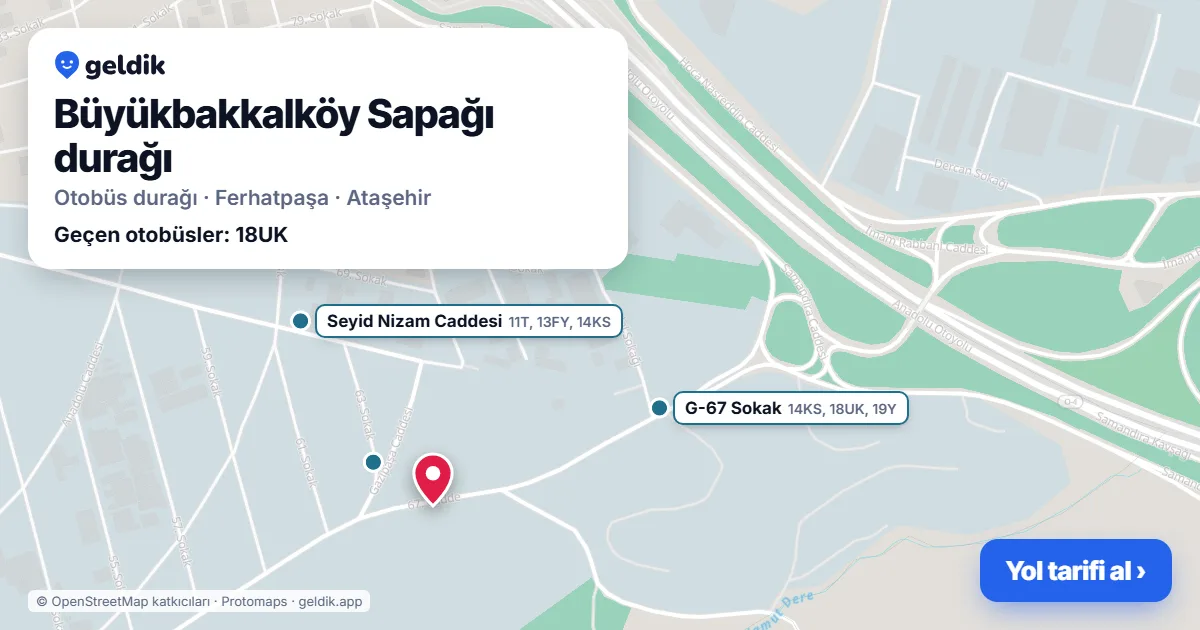 Büyükbakkalköy Sapağı otobüs durağı haritada: konumu ve yakındaki duraklar