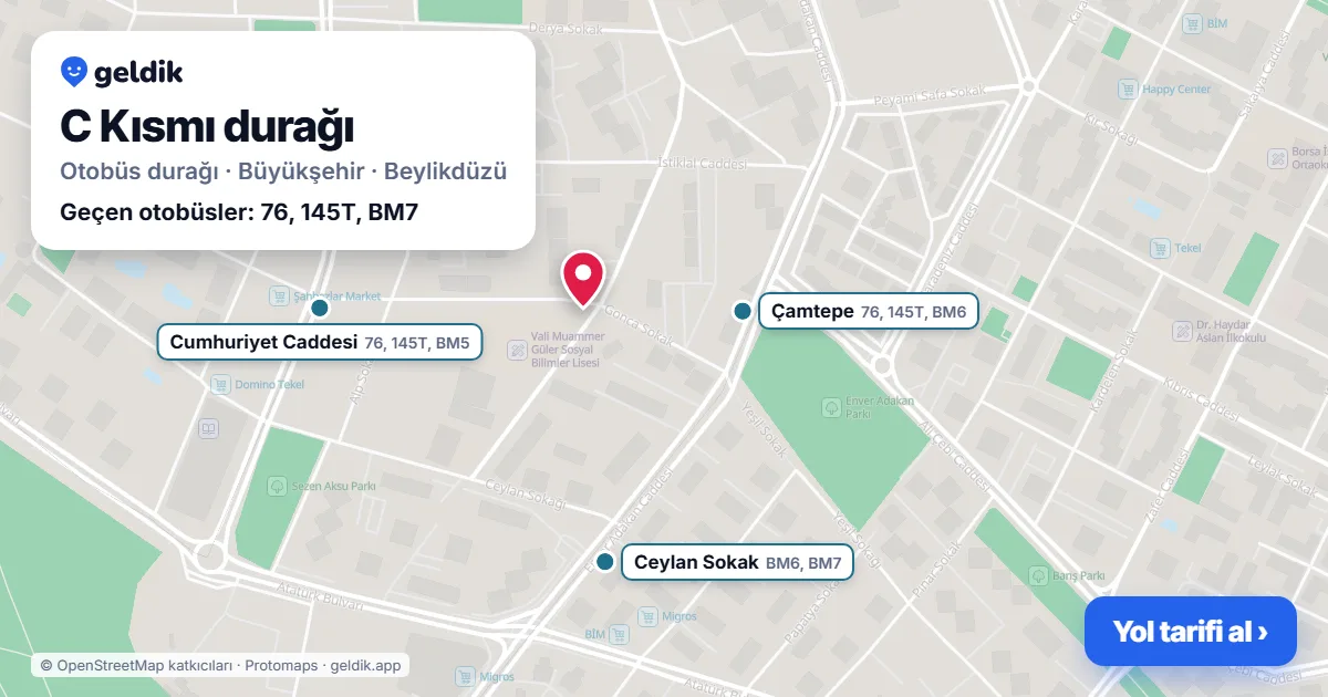 C Kısmı otobüs durağı haritada: konumu ve yakındaki duraklar