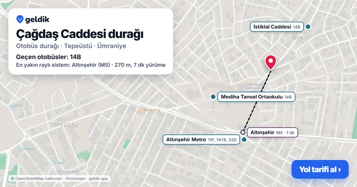 Çağdaş Caddesi otobüs durağı haritada: konumu ve yakındaki duraklar