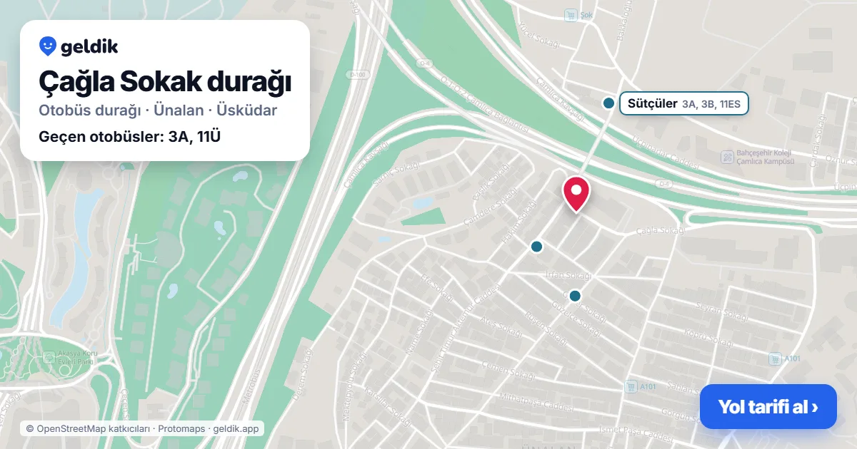 Çağla Sokak otobüs durağı haritada: konumu ve yakındaki duraklar