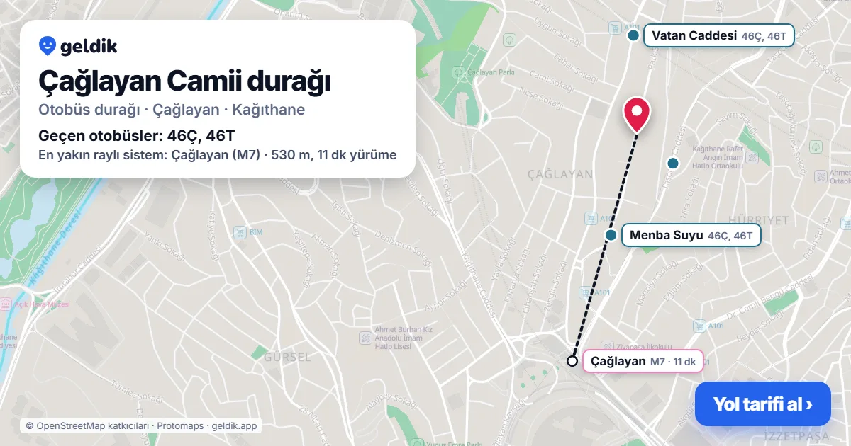 Çağlayan Camii otobüs durağı haritada: konumu ve yakındaki duraklar