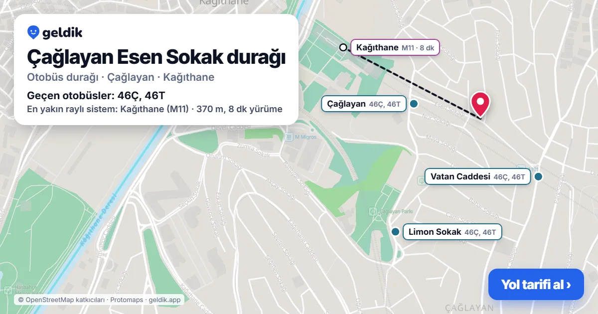 Çağlayan Esen Sokak otobüs durağı haritada: konumu ve yakındaki duraklar