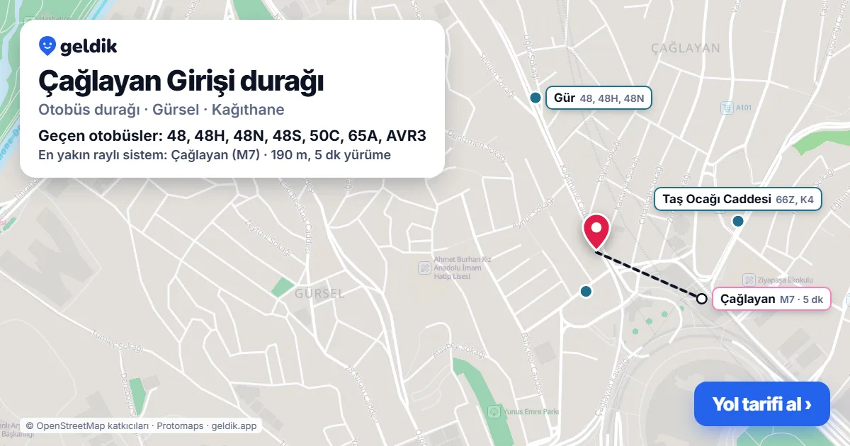 Çağlayan Girişi otobüs durağı haritada: konumu ve yakındaki duraklar
