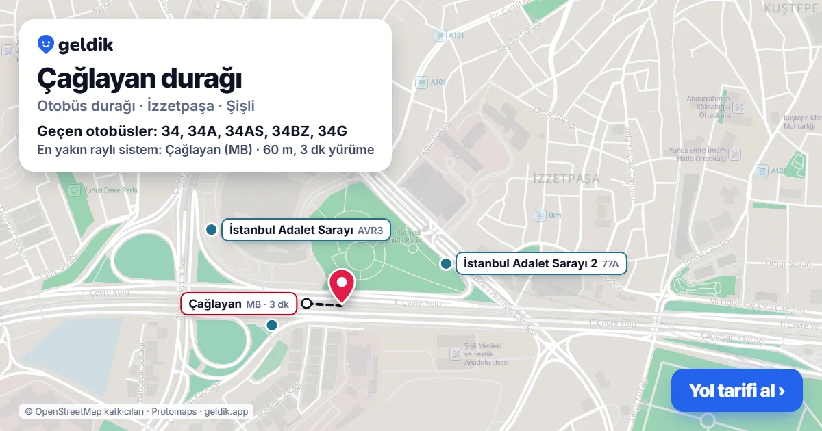 Çağlayan otobüs durağı haritada: konumu ve yakındaki duraklar