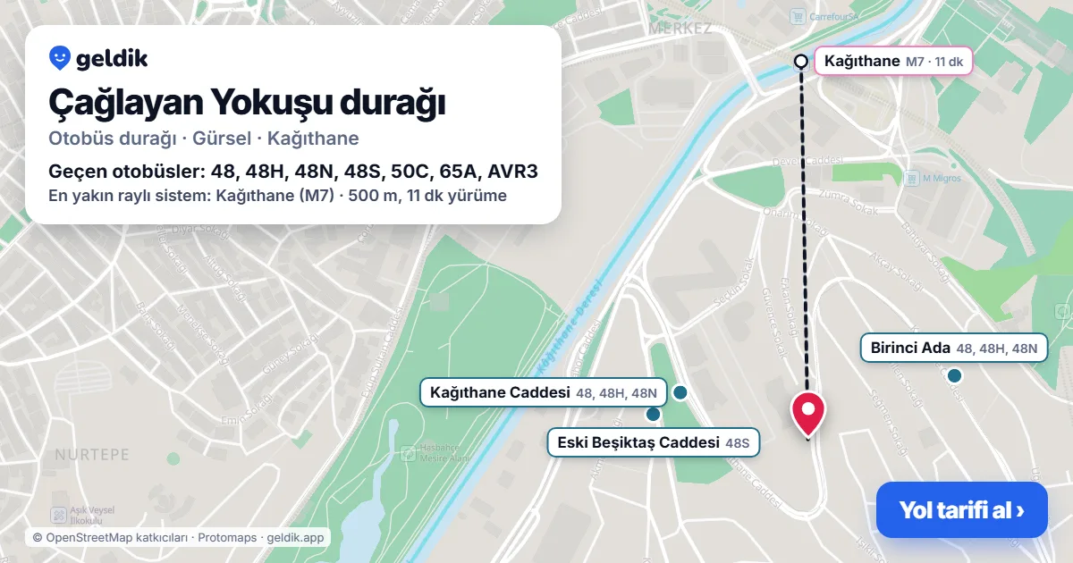 Çağlayan Yokuşu otobüs durağı haritada: konumu ve yakındaki duraklar