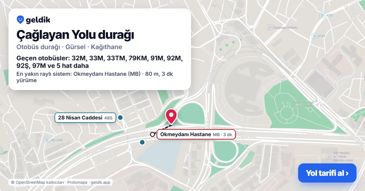 Çağlayan Yolu otobüs durağı haritada: konumu ve yakındaki duraklar