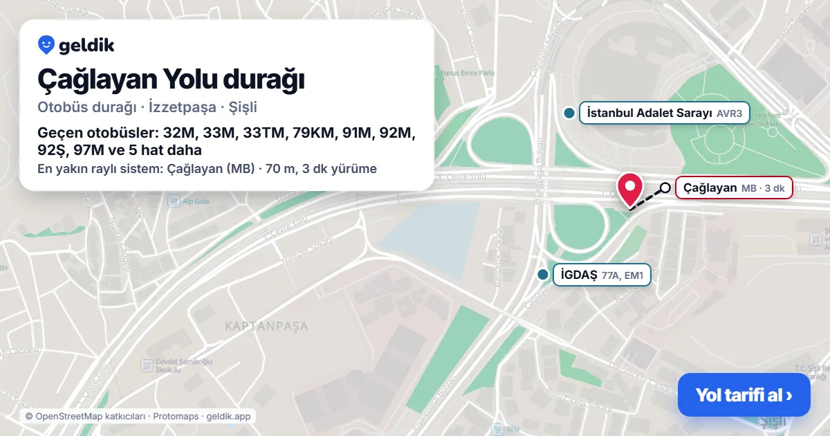 Çağlayan Yolu otobüs durağı haritada: konumu ve yakındaki duraklar