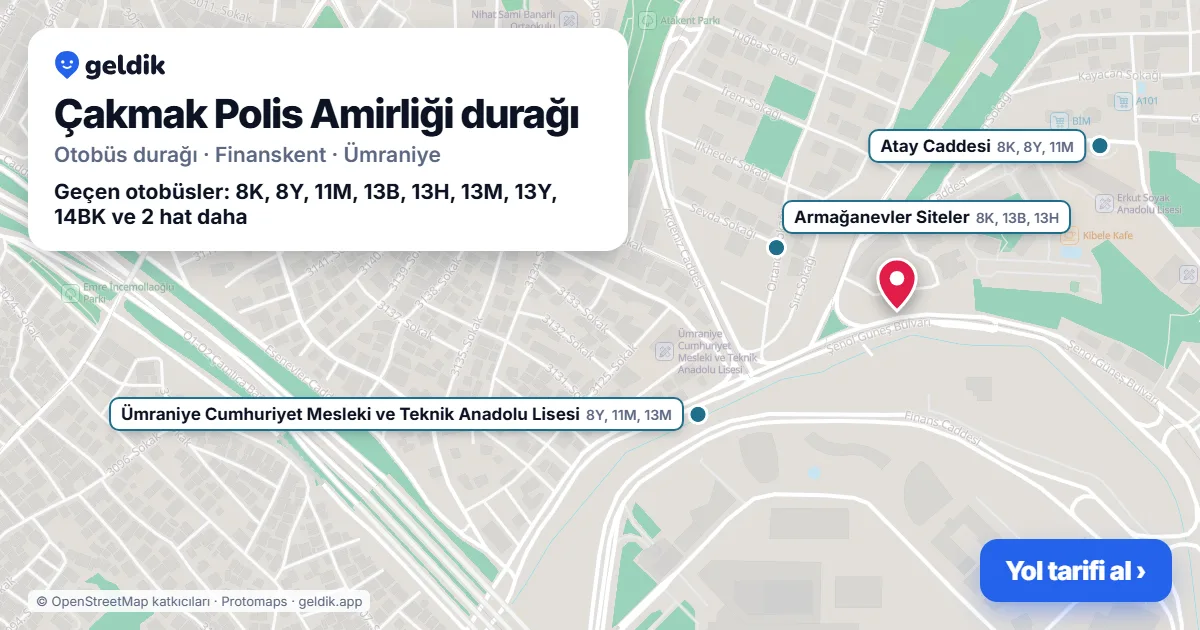 Çakmak Polis Amirliği otobüs durağı haritada: konumu ve yakındaki duraklar
