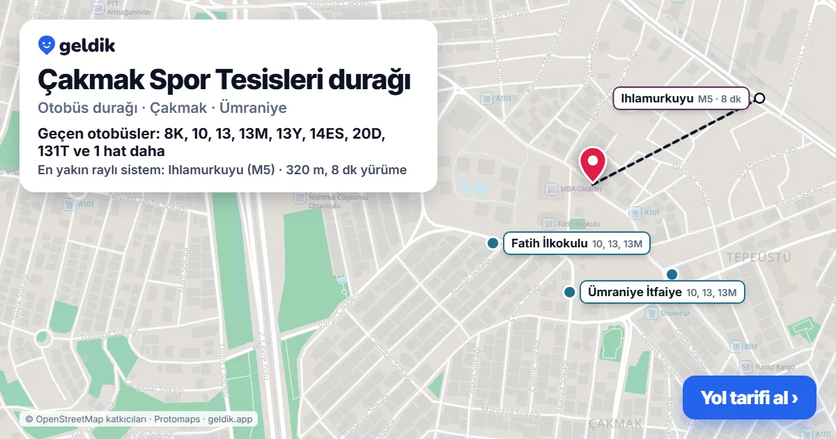 Çakmak Spor Tesisleri otobüs durağı haritada: konumu ve yakındaki duraklar