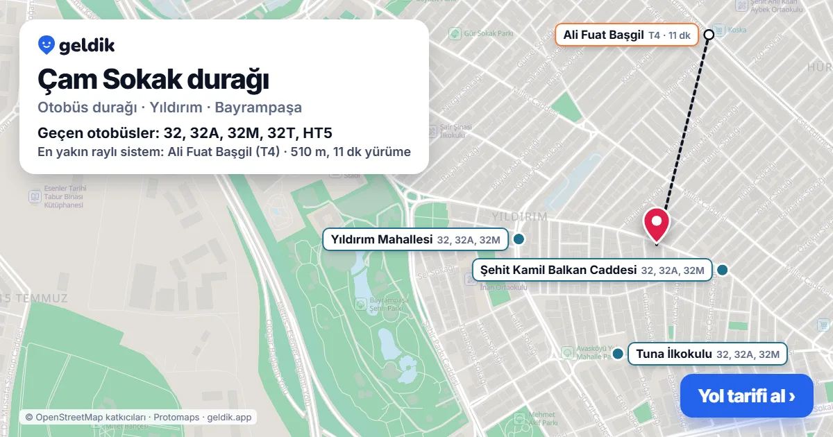 Çam Sokak otobüs durağı haritada: konumu ve yakındaki duraklar
