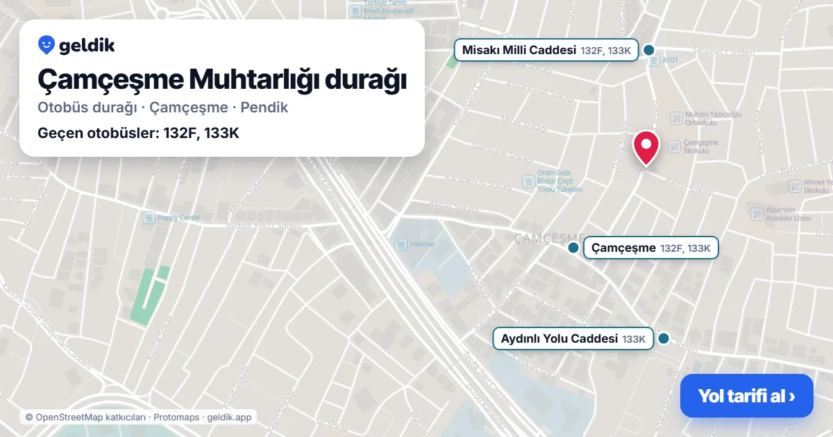 Çamçeşme Muhtarlığı otobüs durağı haritada: konumu ve yakındaki duraklar