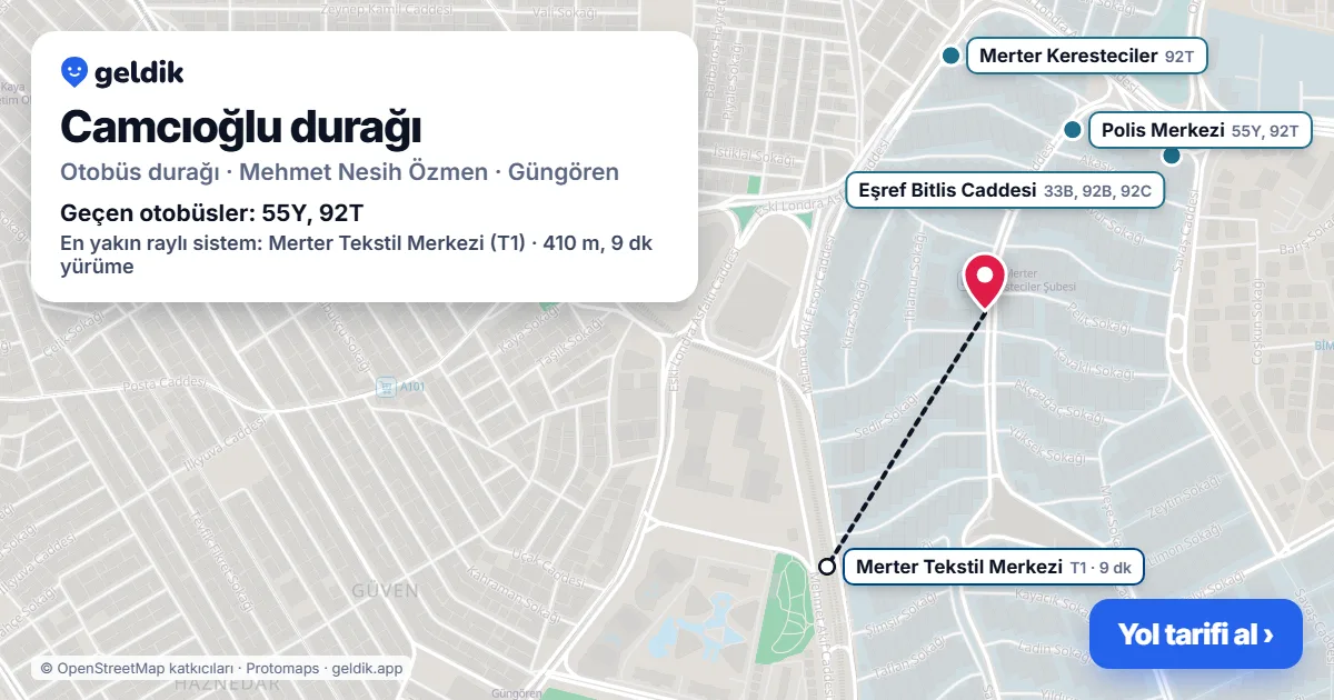 Camcıoğlu otobüs durağı haritada: konumu ve yakındaki duraklar