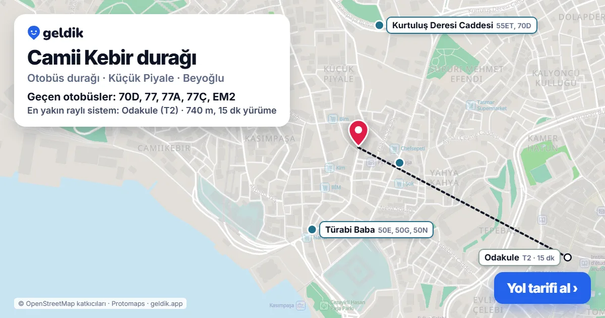 Camii Kebir otobüs durağı haritada: konumu ve yakındaki duraklar