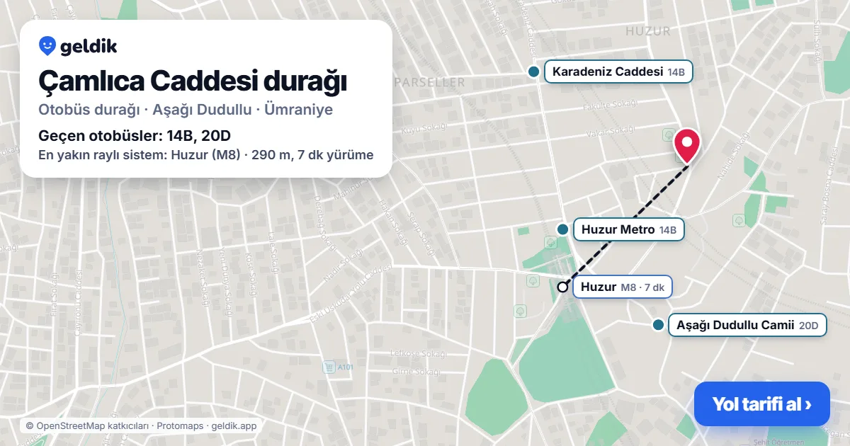 Çamlıca Caddesi otobüs durağı haritada: konumu ve yakındaki duraklar