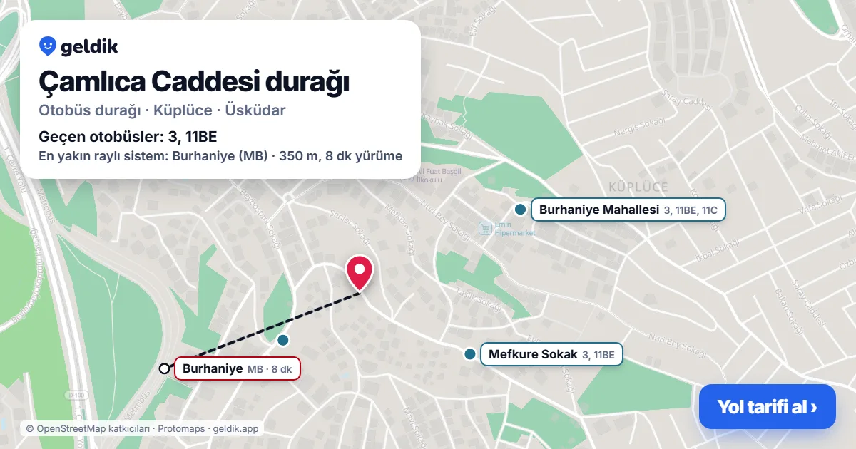 Çamlıca Caddesi otobüs durağı haritada: konumu ve yakındaki duraklar