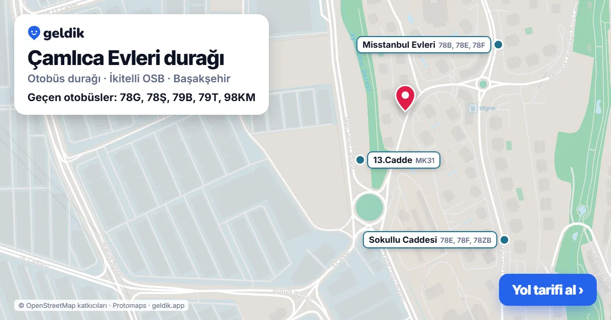 Çamlıca Evleri otobüs durağı haritada: konumu ve yakındaki duraklar