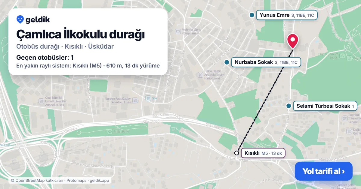 Çamlıca İlkokulu otobüs durağı haritada: konumu ve yakındaki duraklar
