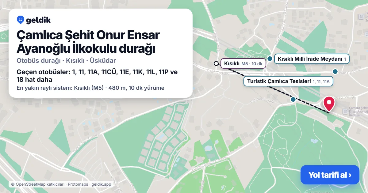 Çamlıca Şehit Onur Ensar Ayanoğlu İlkokulu otobüs durağı haritada: konumu ve yakındaki duraklar