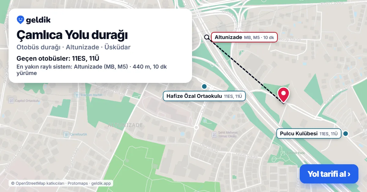 Çamlıca Yolu otobüs durağı haritada: konumu ve yakındaki duraklar