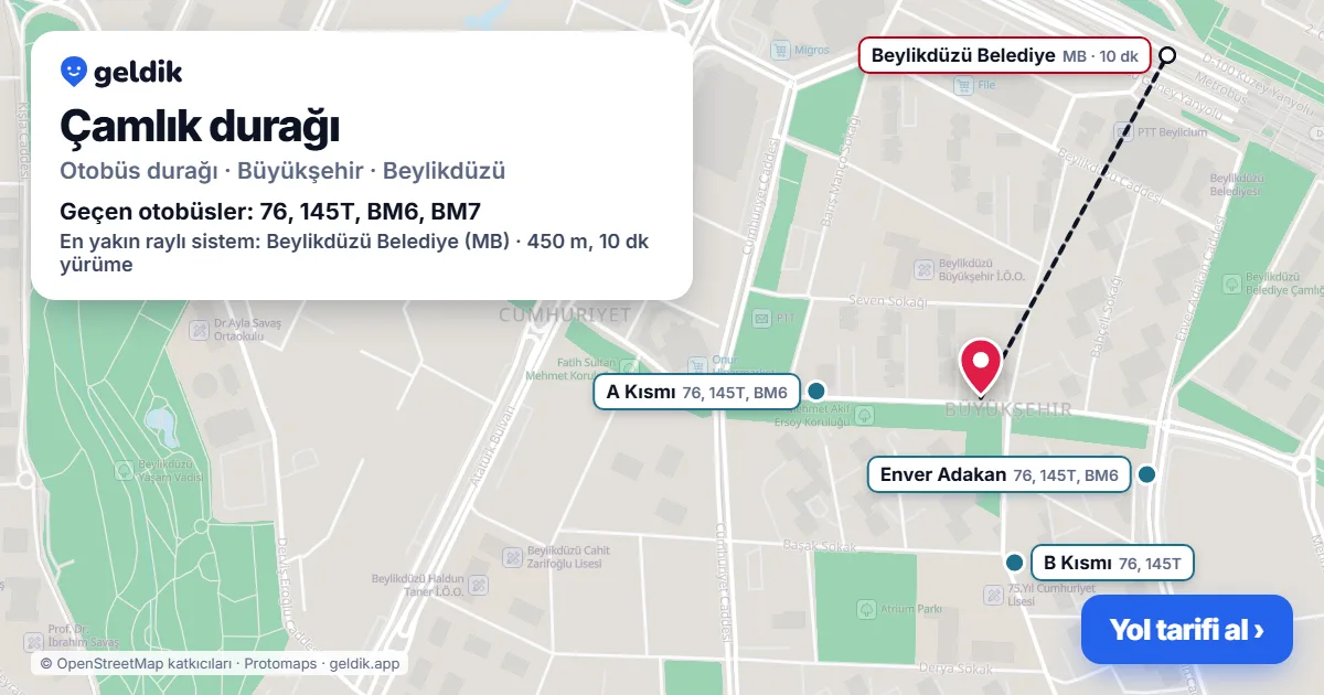 Çamlık otobüs durağı haritada: konumu ve yakındaki duraklar