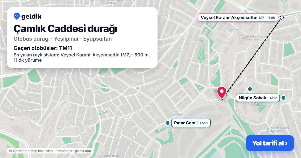 Çamlık Caddesi otobüs durağı haritada: konumu ve yakındaki duraklar