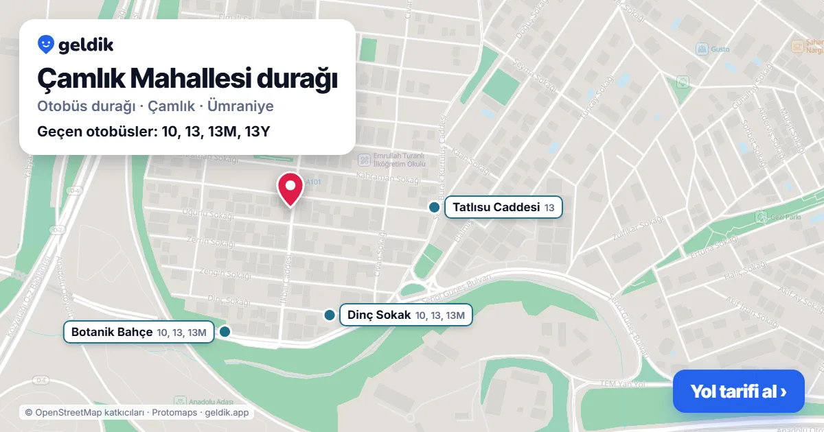 Çamlık Mahallesi otobüs durağı haritada: konumu ve yakındaki duraklar