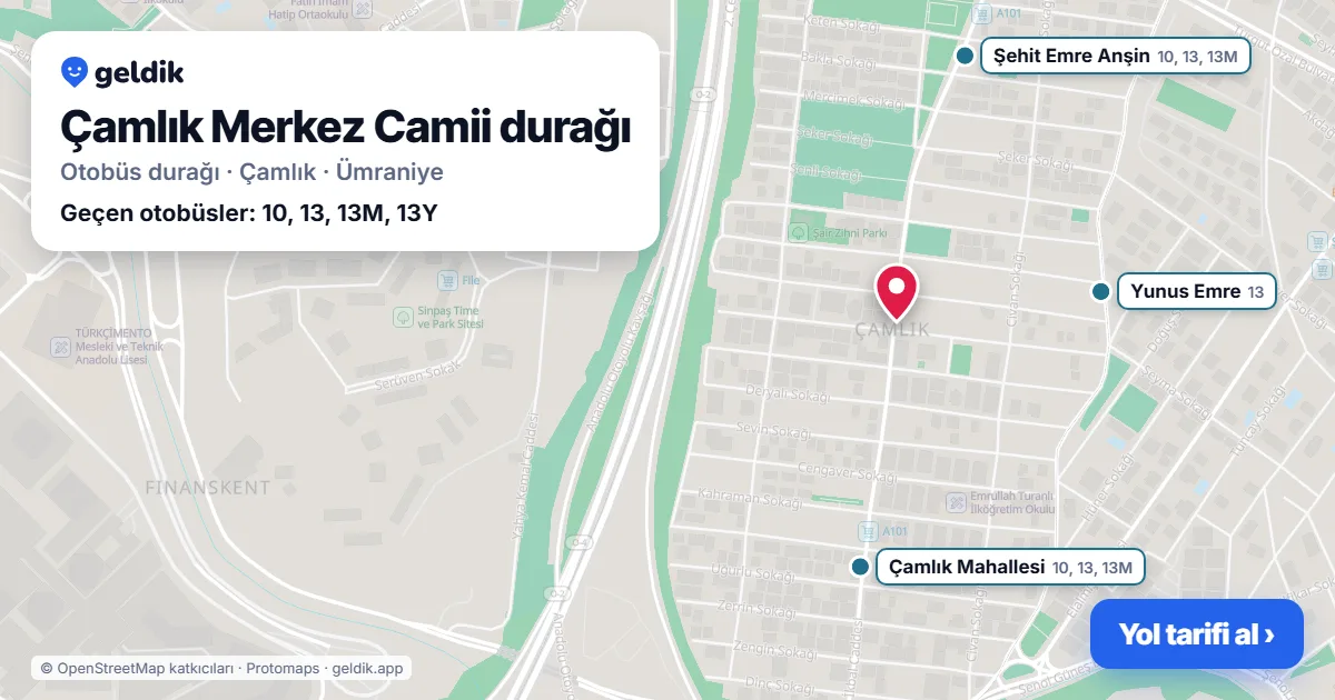 Çamlık Merkez Camii otobüs durağı haritada: konumu ve yakındaki duraklar
