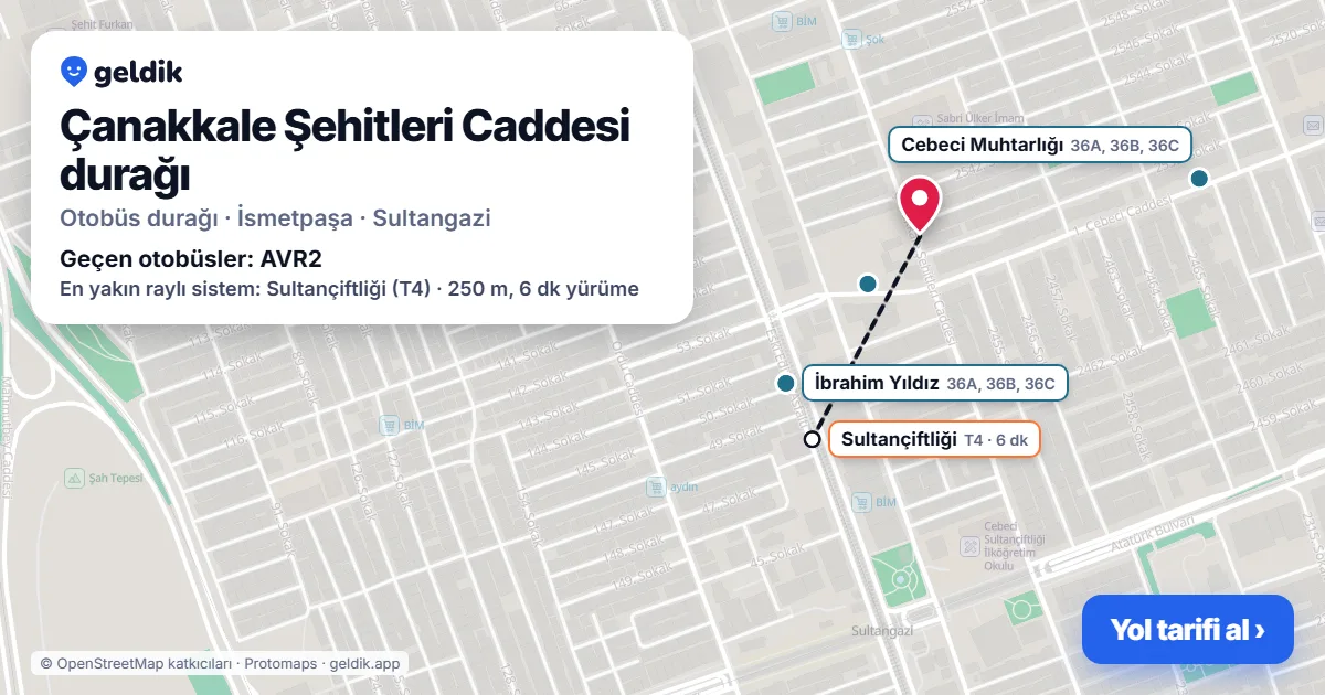 Çanakkale Şehitleri Caddesi otobüs durağı haritada: konumu ve yakındaki duraklar