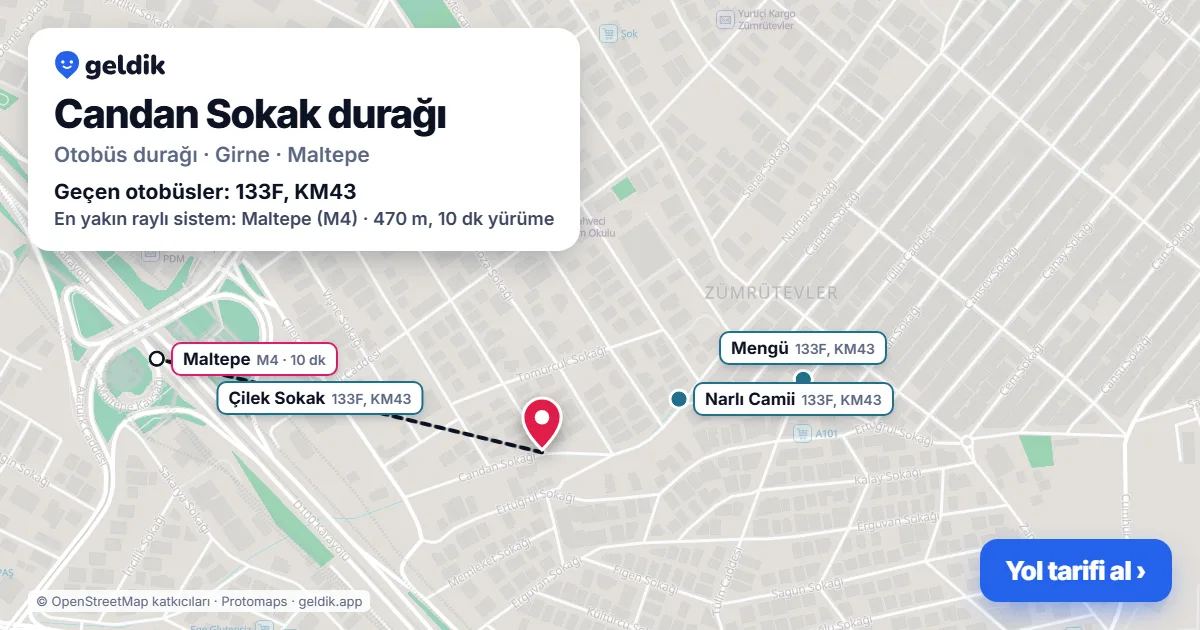 Candan Sokak otobüs durağı haritada: konumu ve yakındaki duraklar