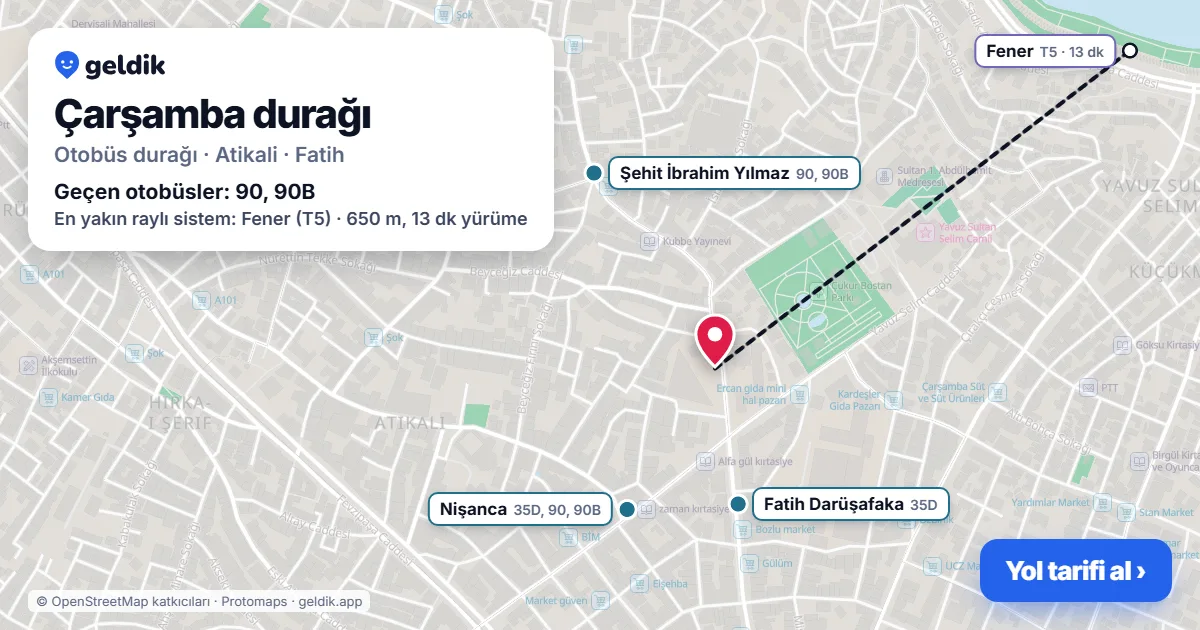 Çarşamba otobüs durağı haritada: konumu ve yakındaki duraklar