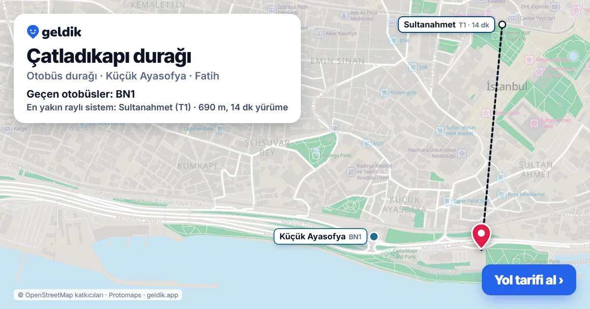 Çatladıkapı otobüs durağı haritada: konumu ve yakındaki duraklar