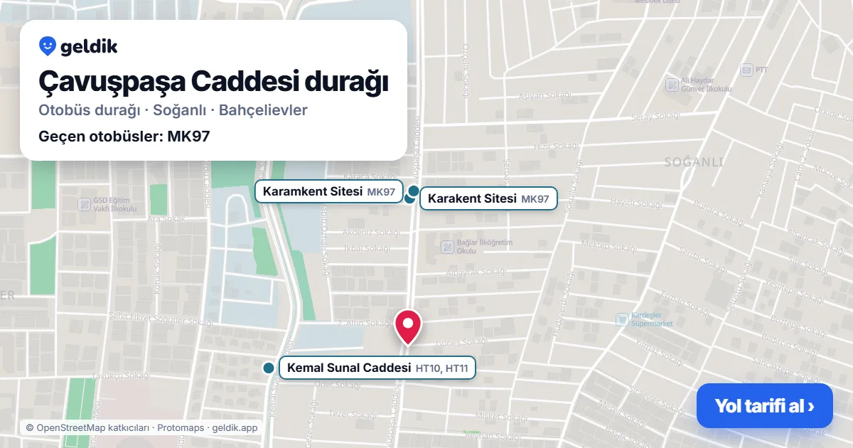 Çavuşpaşa Caddesi otobüs durağı haritada: konumu ve yakındaki duraklar