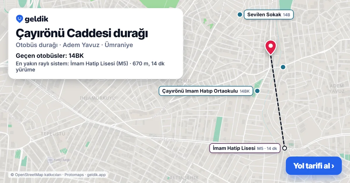 Çayırönü Caddesi otobüs durağı haritada: konumu ve yakındaki duraklar