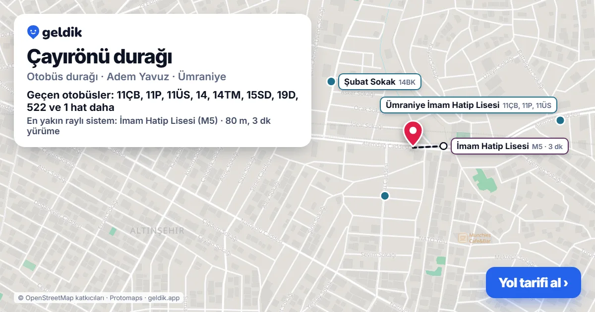 Çayırönü otobüs durağı haritada: konumu ve yakındaki duraklar