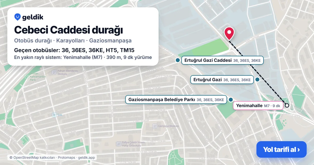 Cebeci Caddesi otobüs durağı haritada: konumu ve yakındaki duraklar