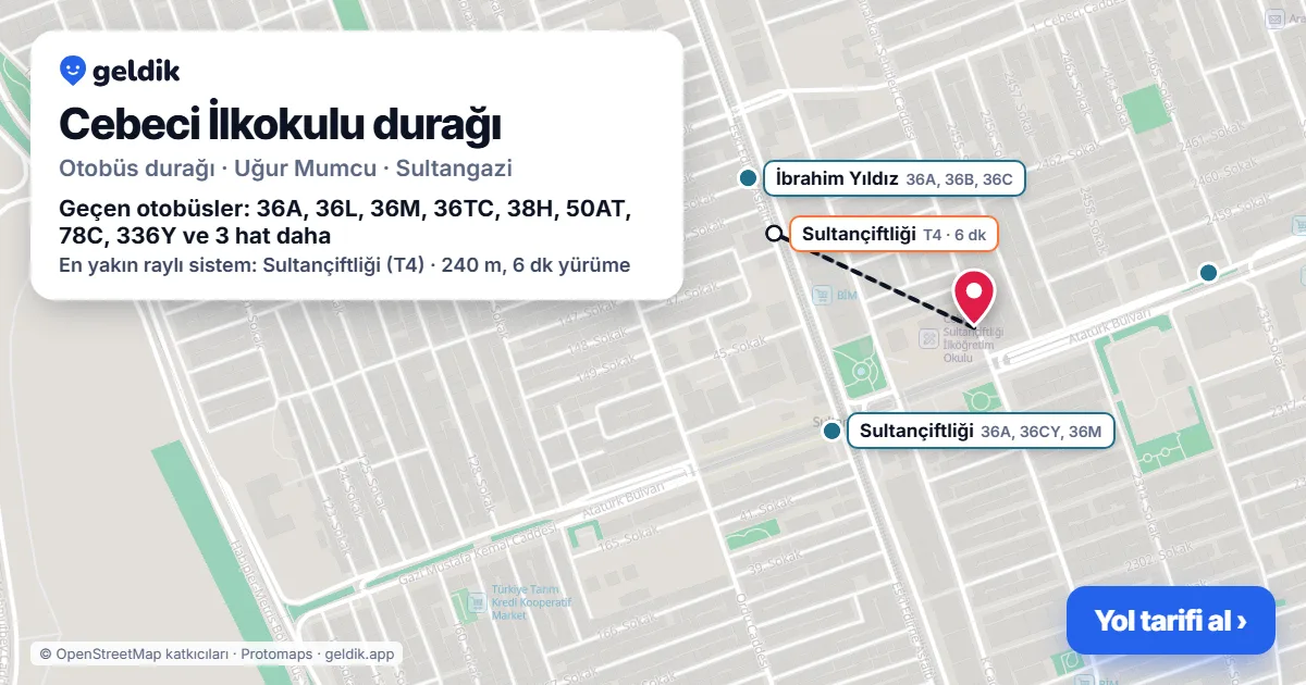 Cebeci İlkokulu otobüs durağı haritada: konumu ve yakındaki duraklar