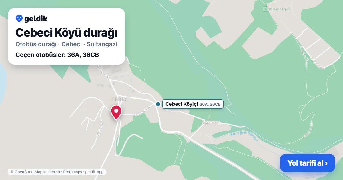 Cebeci Köyü otobüs durağı haritada: konumu ve yakındaki duraklar