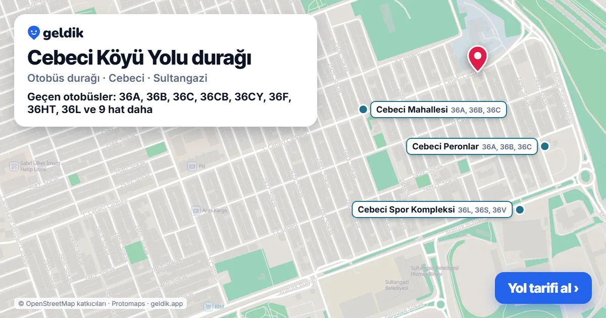 Cebeci Köyü Yolu otobüs durağı haritada: konumu ve yakındaki duraklar