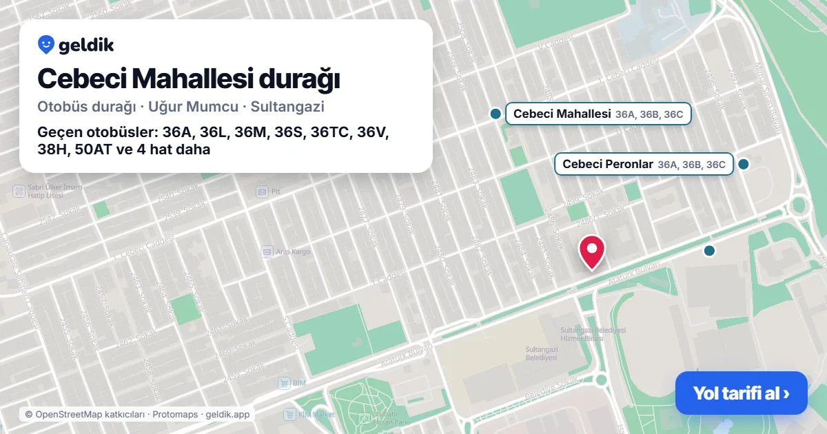 Cebeci Mahallesi otobüs durağı haritada: konumu ve yakındaki duraklar