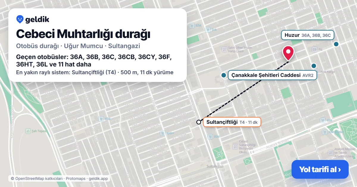 Cebeci Muhtarlığı otobüs durağı haritada: konumu ve yakındaki duraklar